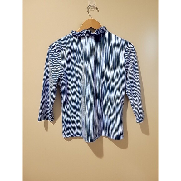 J. McLaughlin Durham Ruffle Neck 3/4 Sleeve Catalina Cloth Top M Blue Stripe - Picture 3 of 6